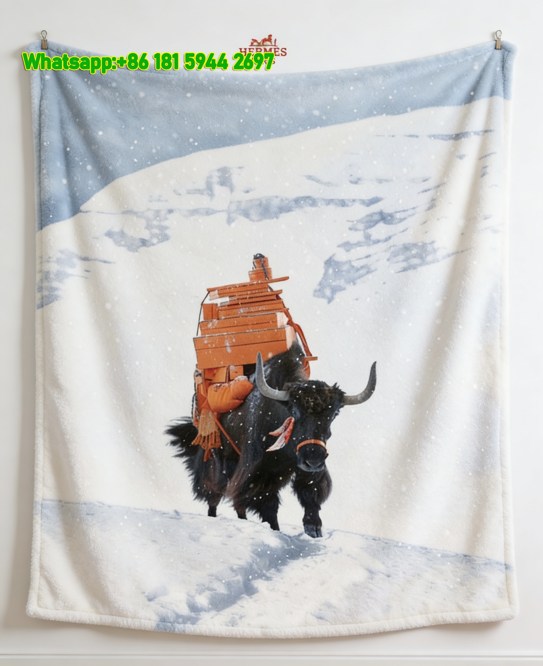 Hermès Himalayan Yak & Orange Box Print Flannel Throw Blanket IMG_5124